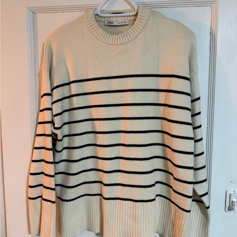 Zara Men's Striped Crewneck Sweater - Cream and Black